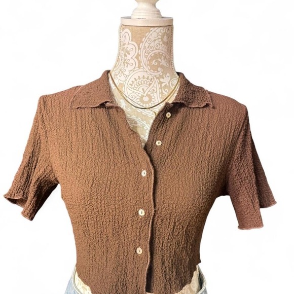 Zara Chocolate Brown Textured Cropped Button-Front Blouse Y2K Minimalist XS - Picture 2 of 5